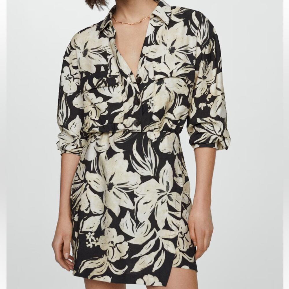 Zara Black & Cream Floral Shirt Dress Size XS